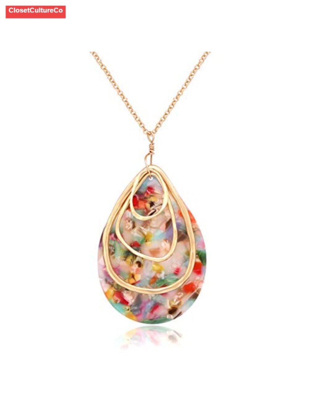 Boho Acrylic Teardrop Pendant Necklace Alloy 30in Cable Chain